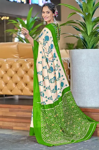 Green ikkat, block print soft pure cotton saree with blouse.