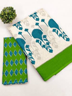 Green ikkat, block print soft pure cotton saree with blouse. 4