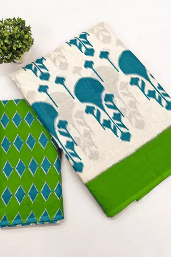 Green ikkat, block print soft pure cotton saree with blouse.