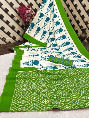 Green ikkat, block print soft pure cotton saree with blouse. 5
