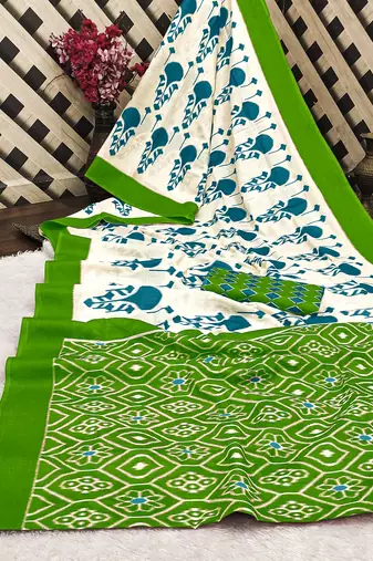 Green ikkat, block print soft pure cotton saree with blouse.