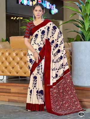 Red ikkat, block print soft pure cotton saree with blouse. 1