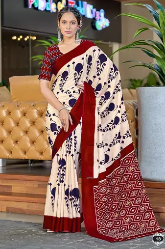 Red ikkat, block print soft pure cotton saree with blouse.