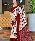 Red ikkat, block print soft pure cotton saree with blouse.