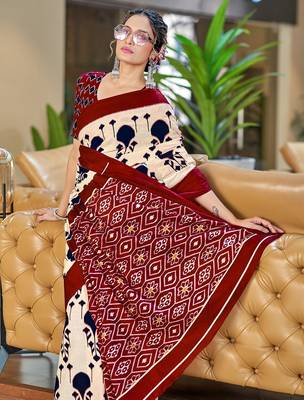 Red ikkat, block print soft pure cotton saree with blouse. 2