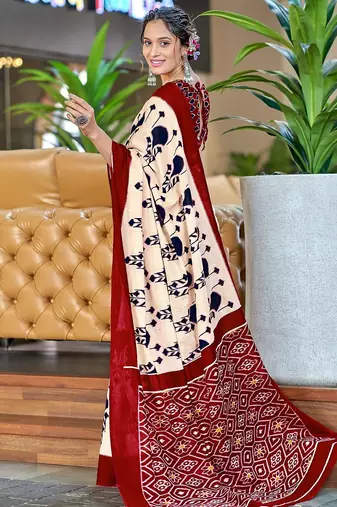 Red ikkat, block print soft pure cotton saree with blouse.