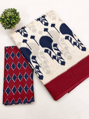 Red ikkat, block print soft pure cotton saree with blouse. 4
