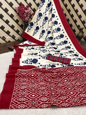 Red ikkat, block print soft pure cotton saree with blouse. 5