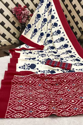 Red ikkat, block print soft pure cotton saree with blouse.