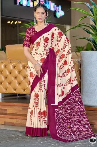 Wine ikkat, block print soft pure cotton saree with blouse.