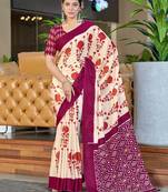 Wine ikkat, block print soft pure cotton saree with blouse.