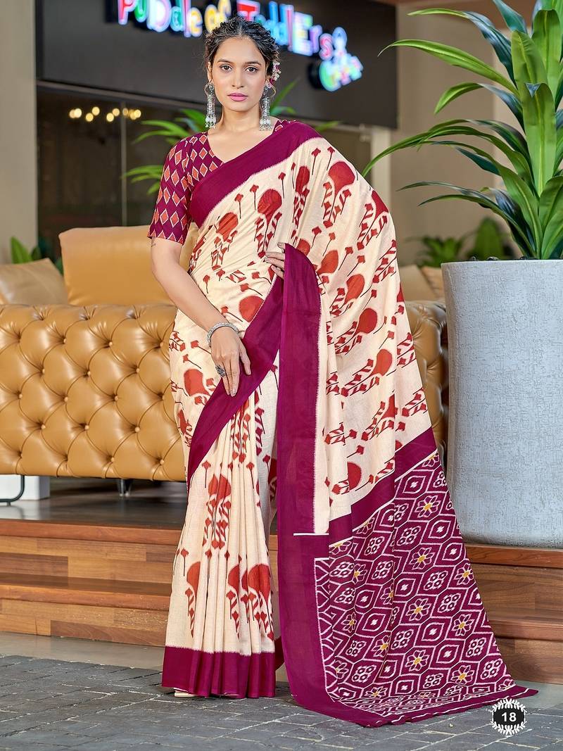 Wine ikkat, block print soft pure cotton saree with blouse.