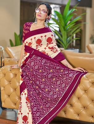 Wine ikkat, block print soft pure cotton saree with blouse. 2