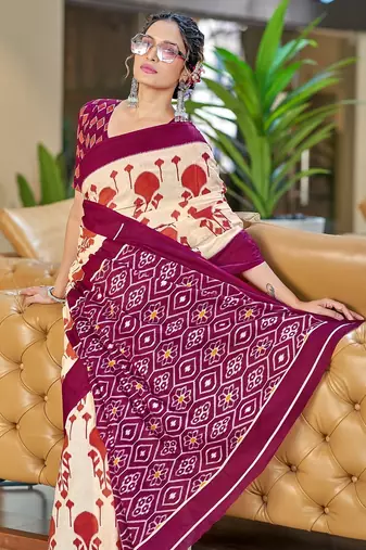 Wine ikkat, block print soft pure cotton saree with blouse.
