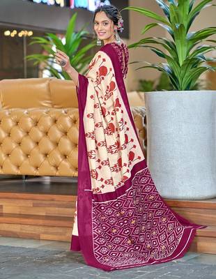Wine ikkat, block print soft pure cotton saree with blouse. 3