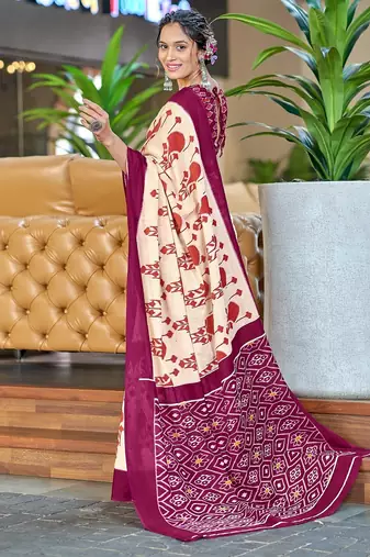 Wine ikkat, block print soft pure cotton saree with blouse.