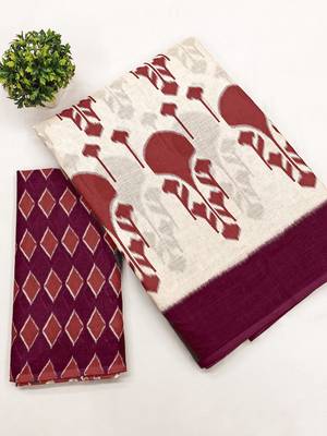 Wine ikkat, block print soft pure cotton saree with blouse. 4