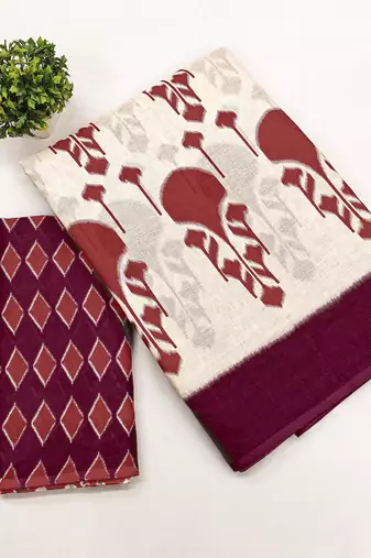 Wine ikkat, block print soft pure cotton saree with blouse.