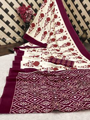 Wine ikkat, block print soft pure cotton saree with blouse. 5