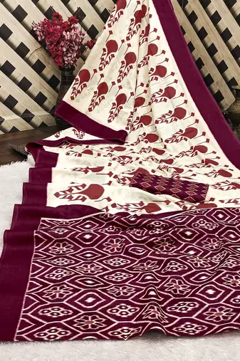 Wine ikkat, block print soft pure cotton saree with blouse.
