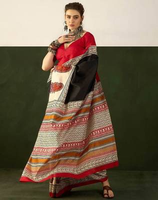 Black floral, paisely print soft pure cotton saree with blouse. 1