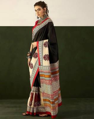 Black floral, paisely print soft pure cotton saree with blouse. 2