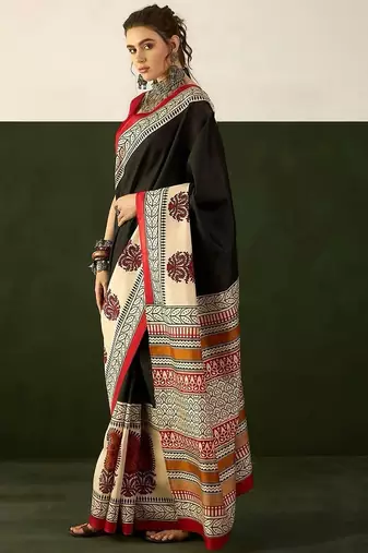 Black floral, paisely print soft pure cotton saree with blouse.