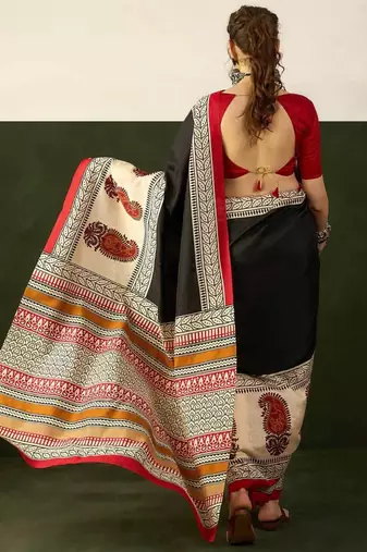 Black floral, paisely print soft pure cotton saree with blouse.