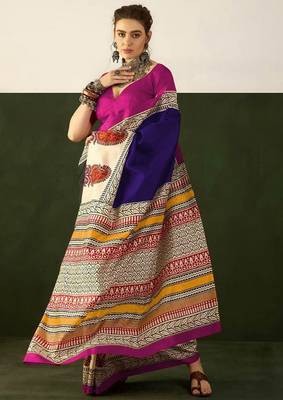 Blue floral, paisely print soft pure cotton saree with blouse. 1