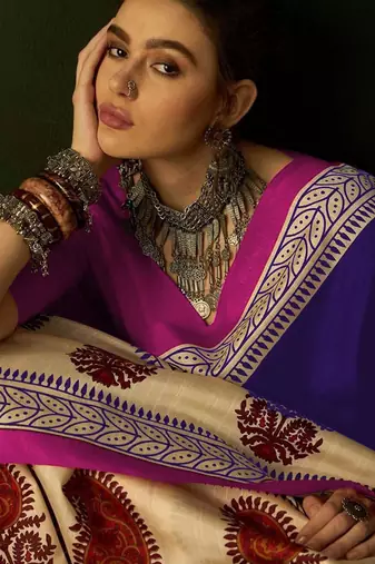 Blue floral, paisely print soft pure cotton saree with blouse.