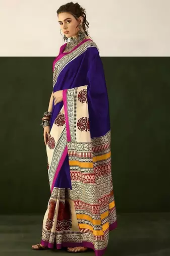 Blue floral, paisely print soft pure cotton saree with blouse.