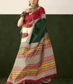Green floral, paisely print soft pure cotton saree with blouse.
