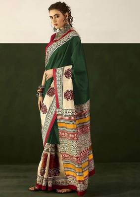 Green floral, paisely print soft pure cotton saree with blouse. 3