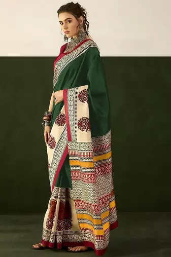 Green floral, paisely print soft pure cotton saree with blouse.