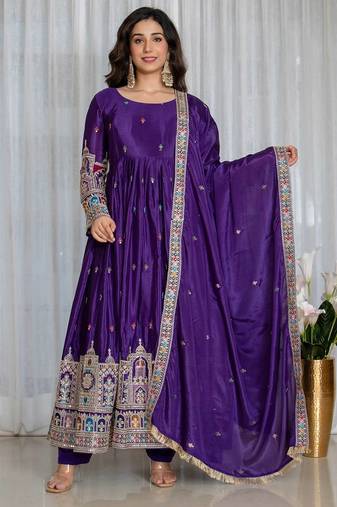 Purple chinon silk party wear embroidery anarkali suit set