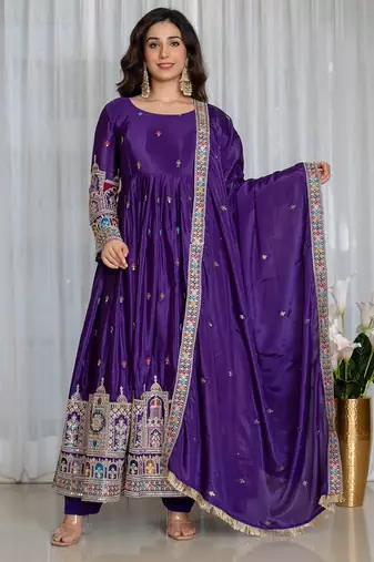 Purple chinon silk party wear embroidery anarkali suit set
