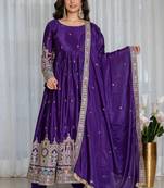Purple chinon silk party wear embroidery anarkali suit set
