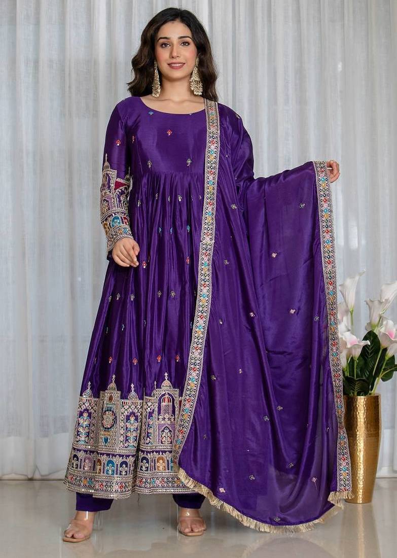Purple chinon silk party wear embroidery anarkali suit set