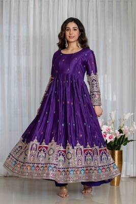 Purple chinon silk party wear embroidery anarkali suit set 2