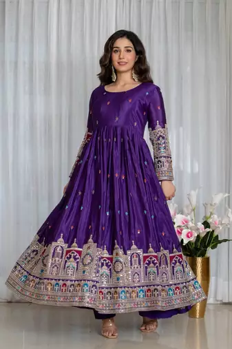 Purple chinon silk party wear embroidery anarkali suit set
