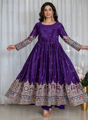 Purple chinon silk party wear embroidery anarkali suit set 3