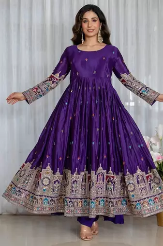 Purple chinon silk party wear embroidery anarkali suit set