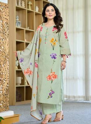 Pista green floral printed chanderi kurta pant set with matching dupatta 3