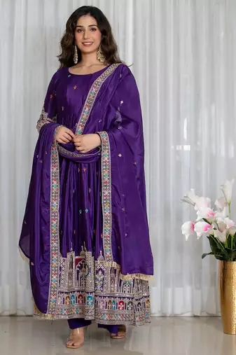 Purple chinon silk party wear embroidery anarkali suit set