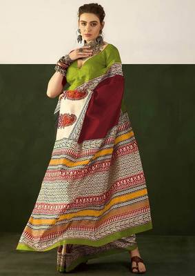 Red floral, paisely print soft pure cotton saree with blouse. 1