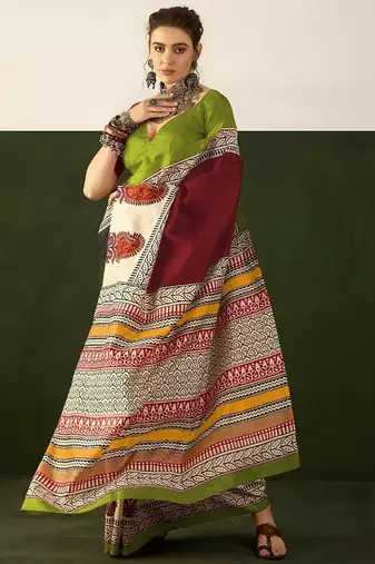 Red floral, paisely print soft pure cotton saree with blouse.