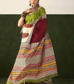 Red floral, paisely print soft pure cotton saree with blouse.