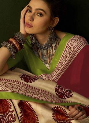 Red floral, paisely print soft pure cotton saree with blouse. 2