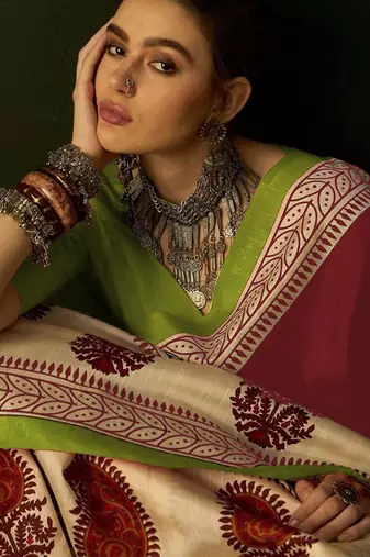 Red floral, paisely print soft pure cotton saree with blouse.