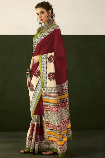 Red floral, paisely print soft pure cotton saree with blouse.